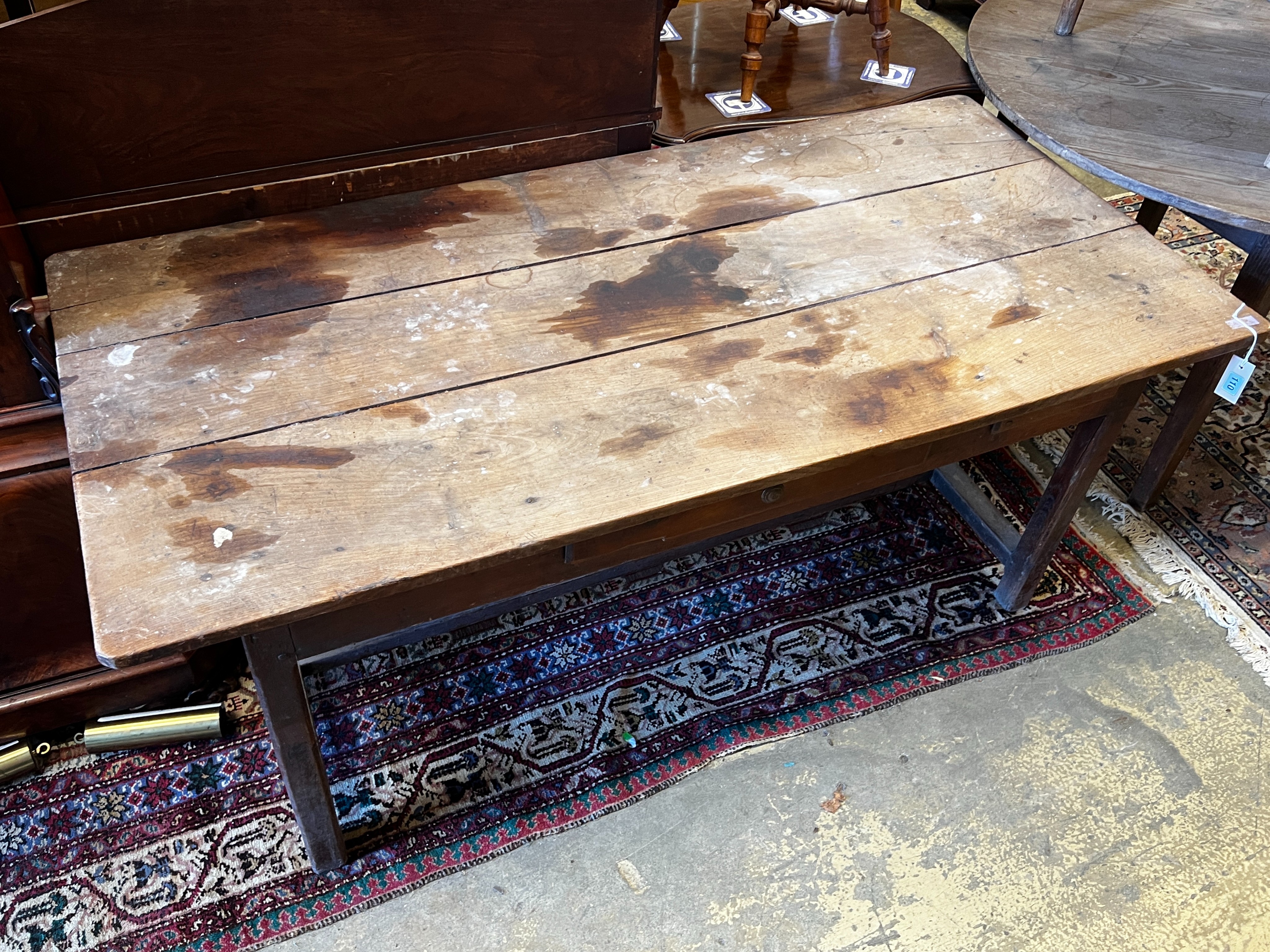 A 19th century French rectangular cherrywood kitchen table, length 161cm, depth 76cm, height 69cm